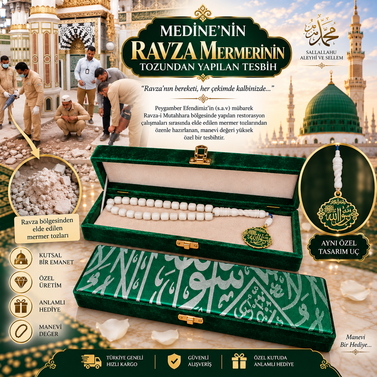 Ravza Mermerinden TESBİH özel kutusunda